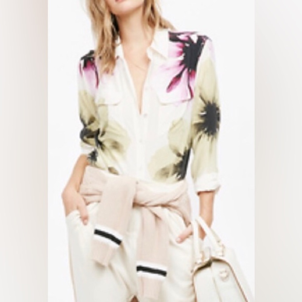 Equipment Femme 100% Silk Long Sleeve Floral Button Down Blouse Medium Cream
